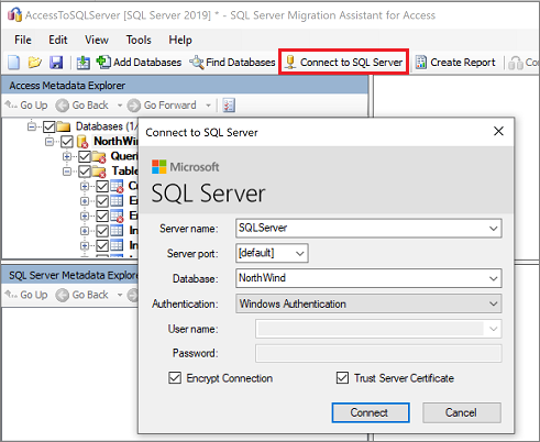 Screenshot von „Verbindung zu SQL Server herstellen“