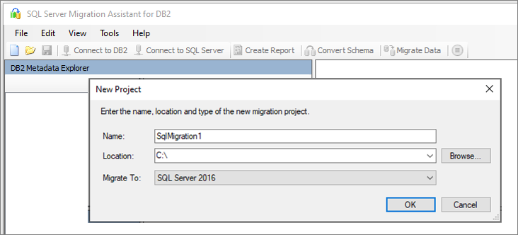 Screenshot des Bereichs „Neues Projekt“ in SSMA für Db2