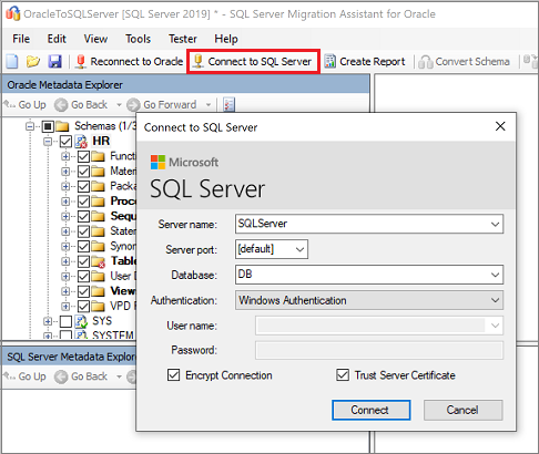 Screenshot des Bereichs „Verbindung zum SQL Server herstellen“ in SSMA für Oracle