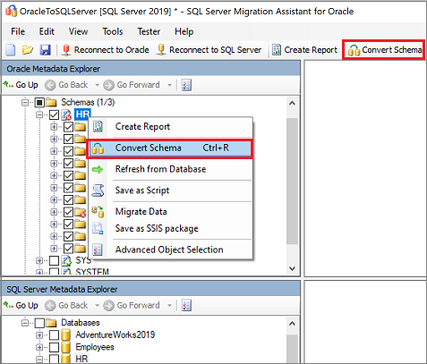 Screenshot des Befehls „Schema konvertieren“ im Metadaten-Explorer für Oracle.