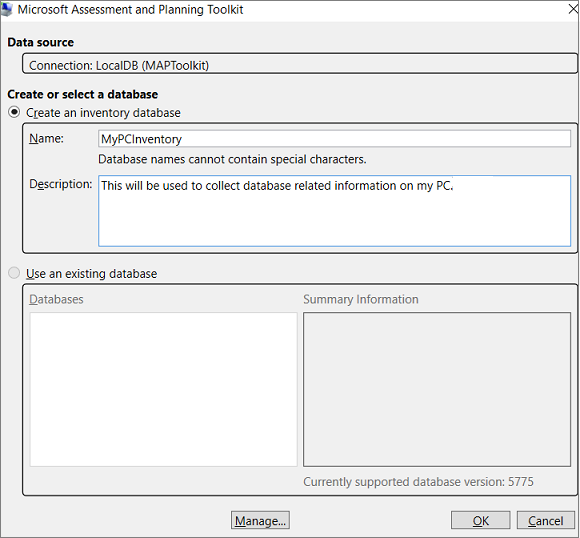 Screenshot der Option „Bestandsdatenbank erstellen“ MAP Toolkit
