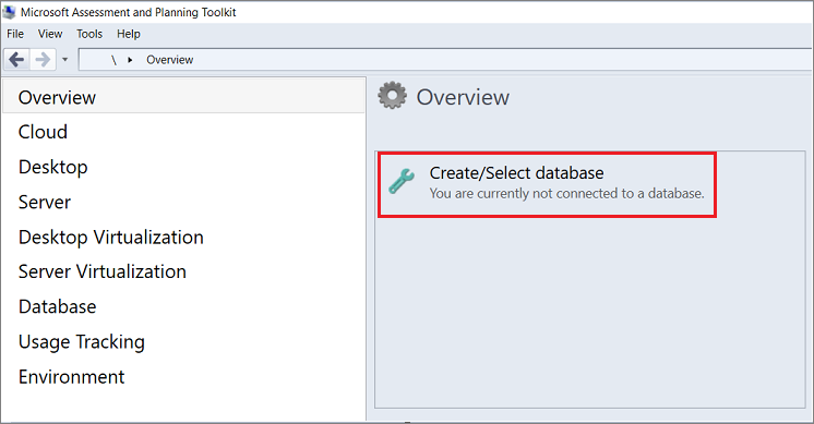 Screenshot des Links „Datenbank erstellen/auswählen“ im Bereich „Übersicht“ im MAP Toolkit.