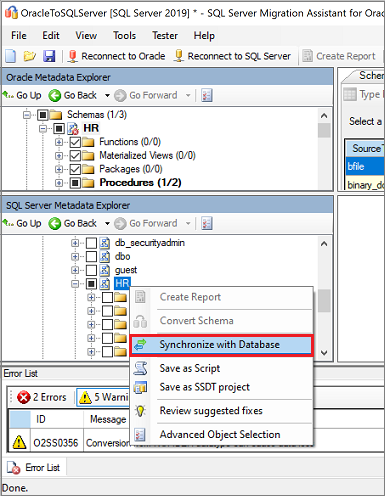 Screenshot des Befehls „Mit Datenbank synchronisieren“ im Metadaten-Explorer für SQL Server