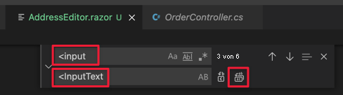 Screenshot von Visual Studio Code und dem Dialogfeld zum Ersetzen von Text.