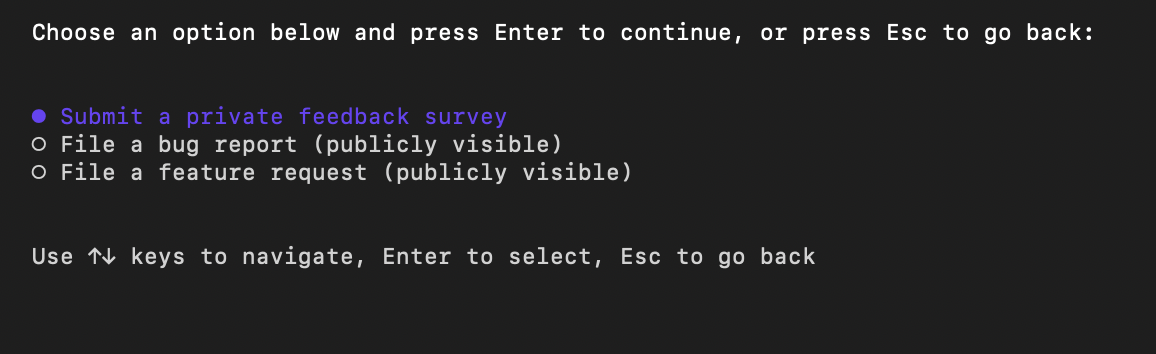 Screenshot der Verwendung des Slash-Befehls /feedack im interaktiven Modus von Copilot CLI.