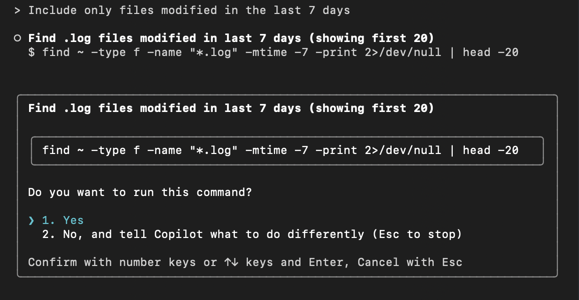 Screenshot von Copilot CLI zur Verbesserung eines Vorschlags auf der Grundlage des Prompts zum Nachverfolgen.