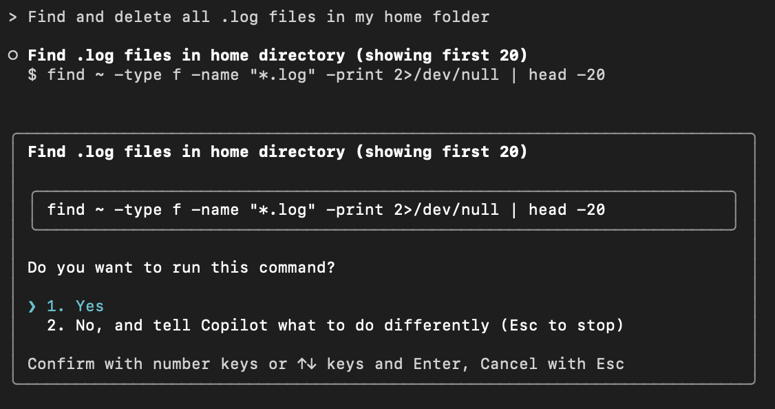 Screenshot der Copilot CLI, die einen Befehl im interaktiven Modus vorschlägt.