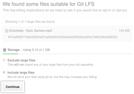 Screenshot der Dateien, die für git Large File Storage Importer geeignet sind.