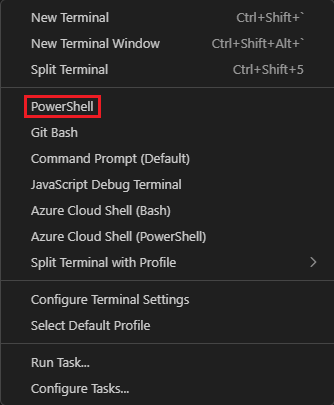 Screenshot des Visual Studio Code-Terminalfensters mit der Dropdownliste 