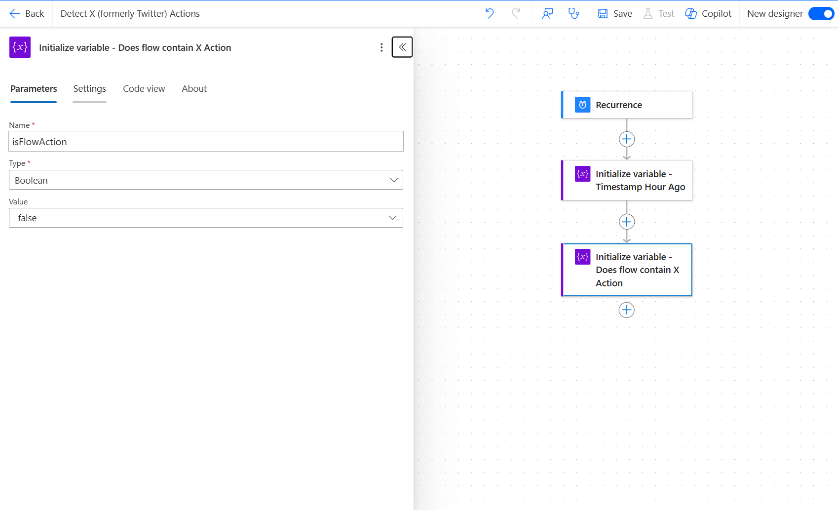 Screenshot einer zweiten Aktion „Variable initialisieren“ mit der Aktion „Enthält Flow X-Aktion“