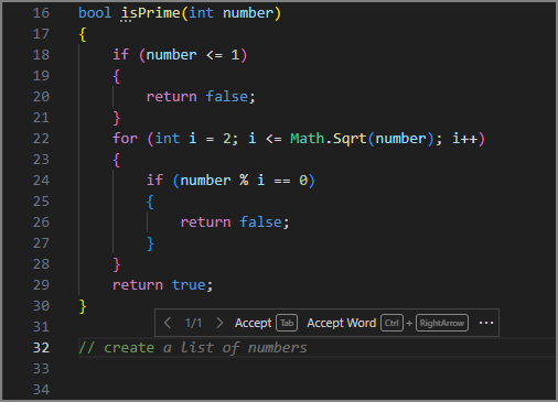 Screenshot des Visual Studio Code-Editors mit einem Geistertextvorschlag, der einen Kommentar zu 