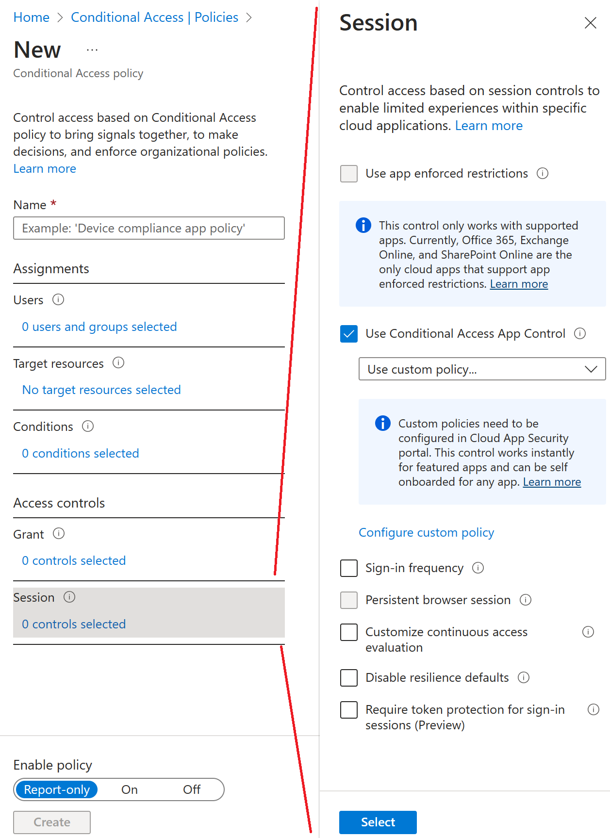 Screenshot der App-Steuerung für bedingten Zugriff, die im Assistenten für bedingten Zugriff ausgewählt ist.