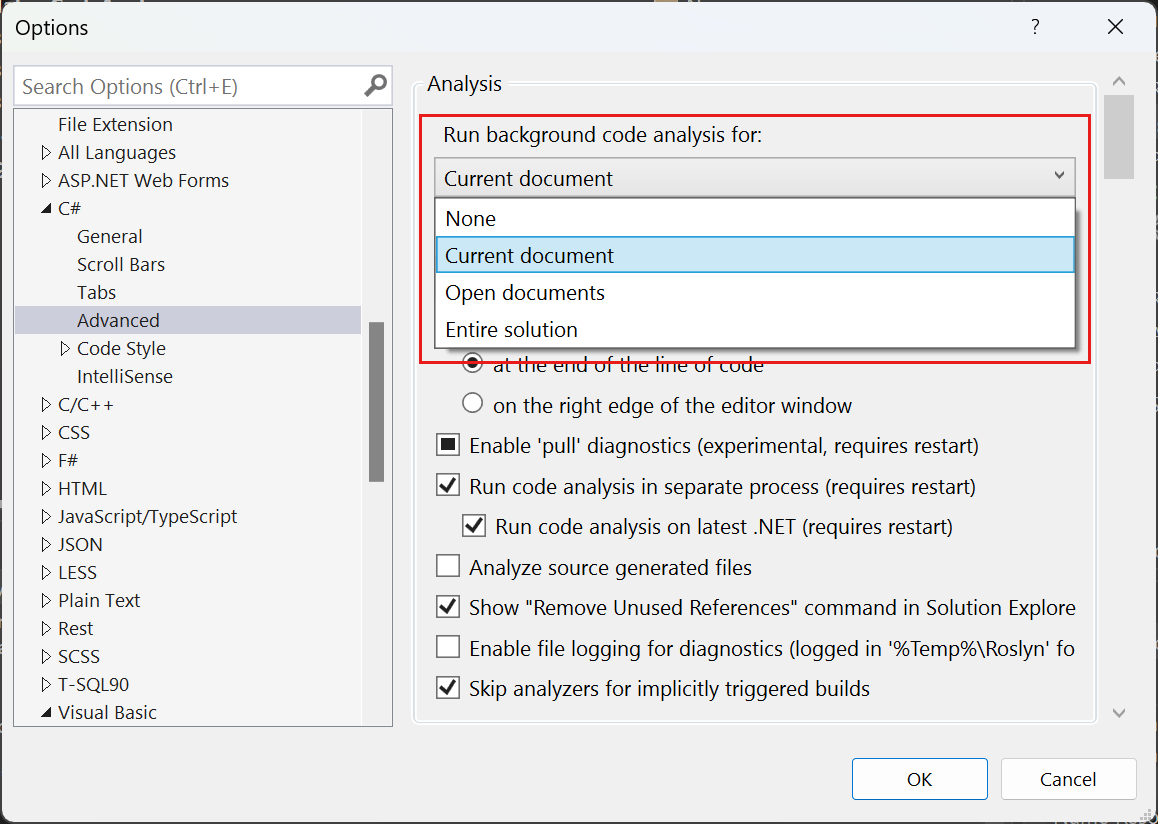 Screenshot der Optionen für den Hintergrundcodeanalysierungsbereich in Visual Studio.