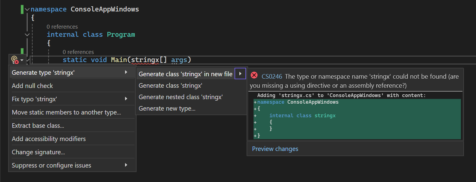Screenshot, das eine Analysatorverletzung und eine Quick Action-Codekorrektur im Code-Editor zeigt.