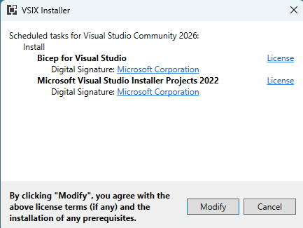 Screenshot des VSIX Installer-Dialogfelds in Visual Studio.
