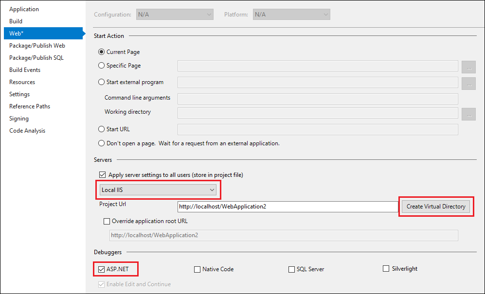 Screenshot mit ASP.NET Debuggereinstellungen.