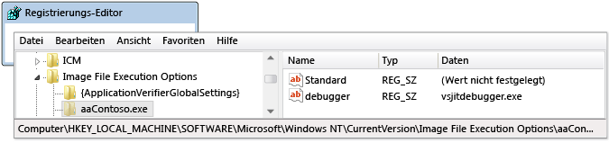 Eintrag für den automatischen Debuggerstart in regedit.exe