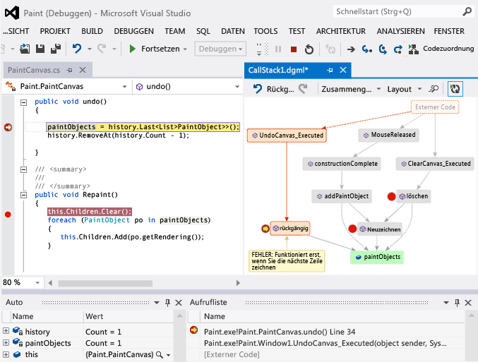 Fehlersuche mit Aufrufstapeln auf Codekarten