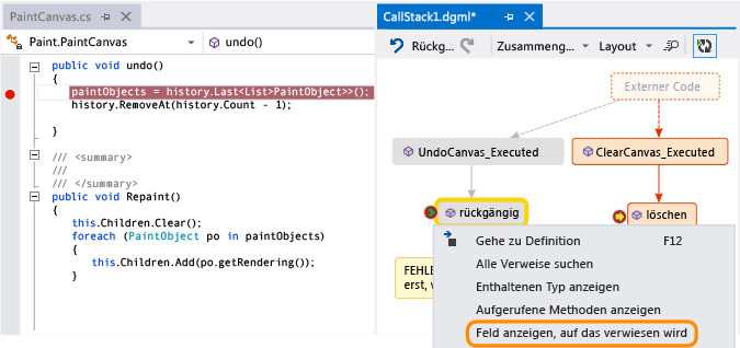 Anzeigen von Feldern in einer Methode auf der Aufrufstapel-Codekarte