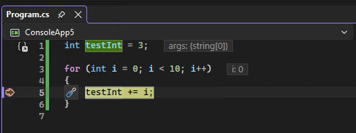 Screenshot, der zeigt, dass das Debuggen an einem Haltepunkt beendet wurde.