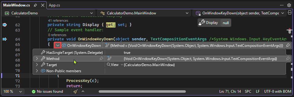 Screenshot, der zeigt, wie Sie den Erweiterungspfeil für ein Objekt in einer Dateninfo in Visual Studio auswählen.