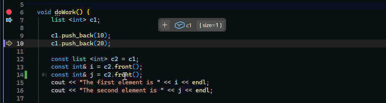 Animation, die zeigt, wie Sie mit der Funktion „Hot Reload“ im Debugger von Visual Studio Bearbeiten und Fortfahren.
