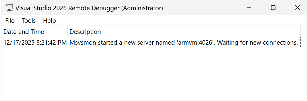 Screenshot des Fensters „Remotedebugger“