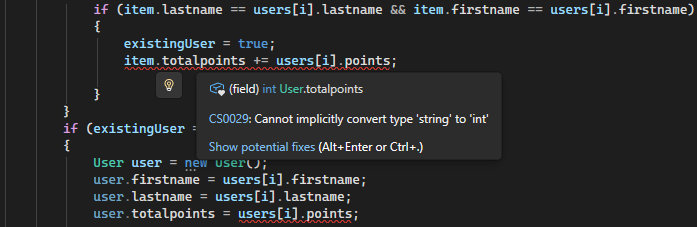 Screenshot mit dem Typkonvertierungsfehler in Visual Studio.