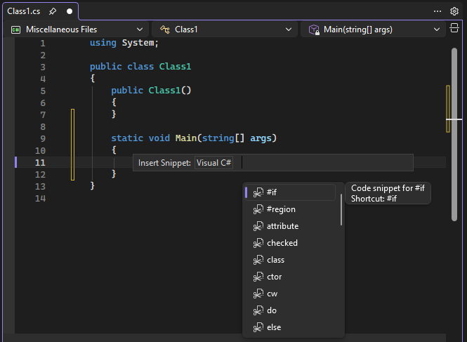 Screenshot eines IntelliSense-Popups für eine C#-Codeausschnittliste.