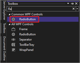 Screenshot mit dem Toolboxfenster in Visual Studio 2022, wobei das RadioButton-Steuerelement in der Liste der allgemeinen WPF-Steuerelemente ausgewählt ist.