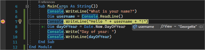 Screenshot, der während des Debuggens in Visual Studio 2022 einen Variablenwert anzeigt.