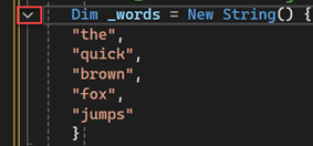 Screenshot des Visual Studio Code-Editors mit der Schaltfläche zum Reduzieren der Gliederung eines Codeabschnitts, die in rot hervorgehoben ist.