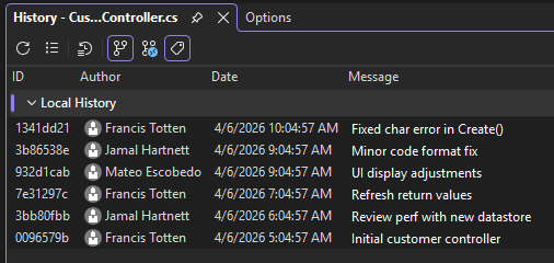 Screenshot, der den CodeLens-Änderungsverlauf für Code in einem GitHub-Repository in Visual Studio anzeigt.