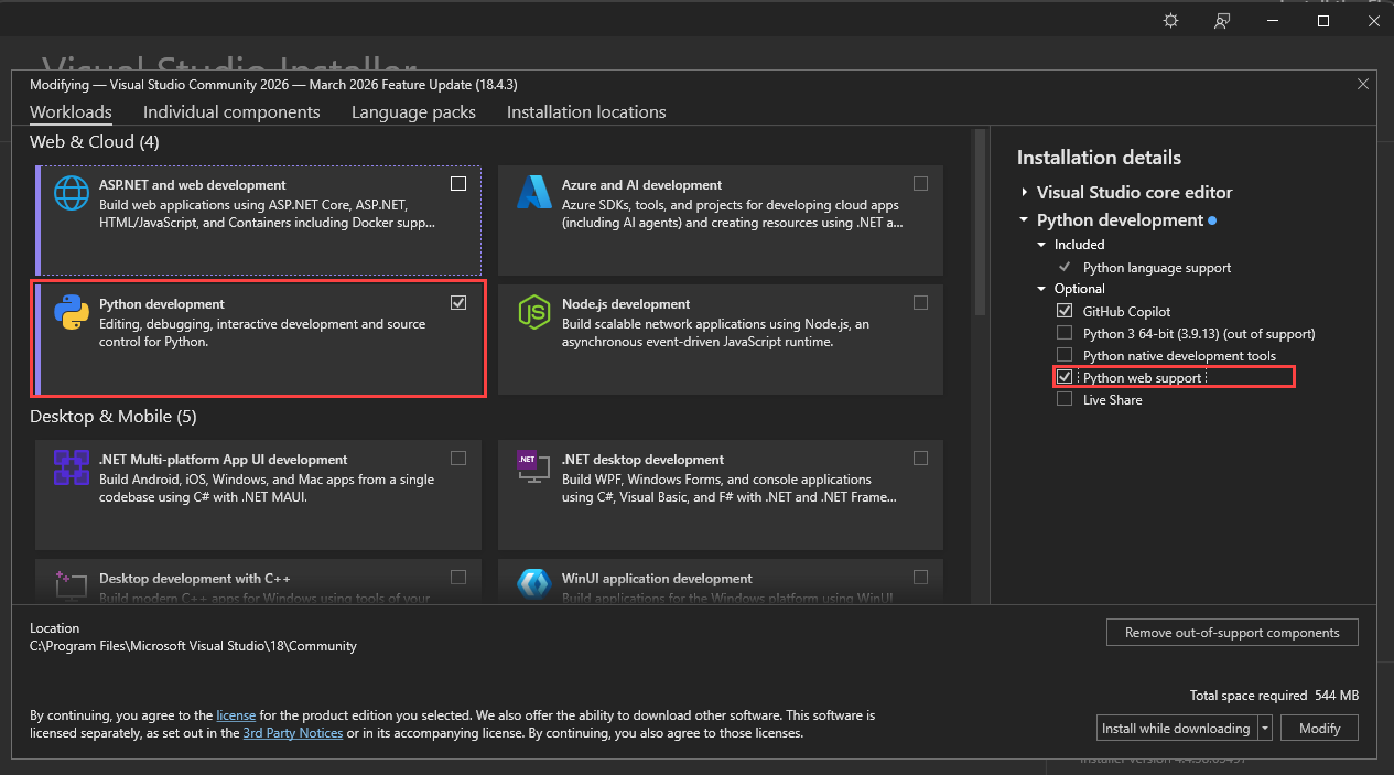 Screenshot des Visual Studio-Installers mit ausgewählter Python-Entwicklungsworkload und Python-Webunterstützung.