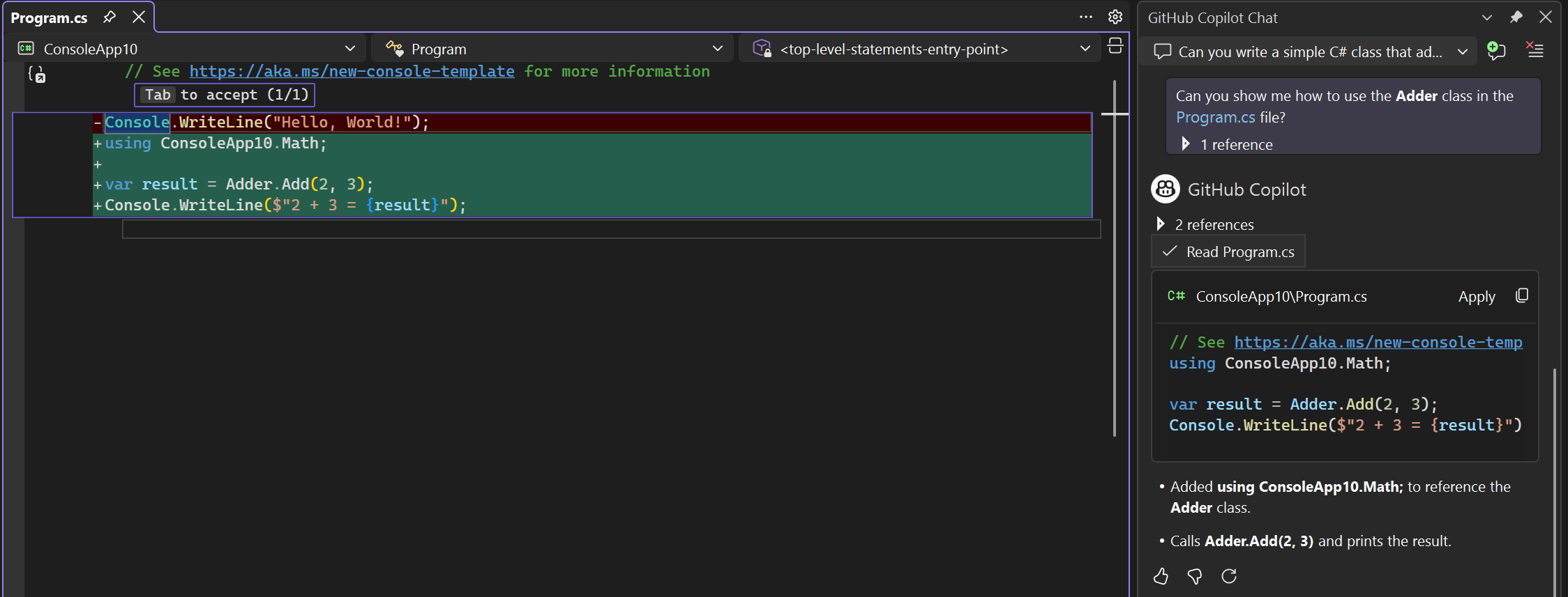 Screenshot der Codevorschläge in der Diff-Ansicht im Editorfenster.