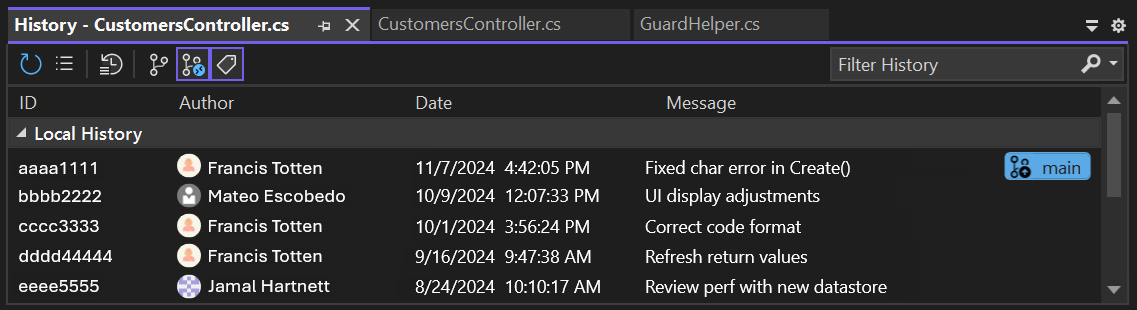 Ein Screenshot, der den CodeLens-Änderungsverlauf für Code in einem GitHub-Repository in Visual Studio zeigt.