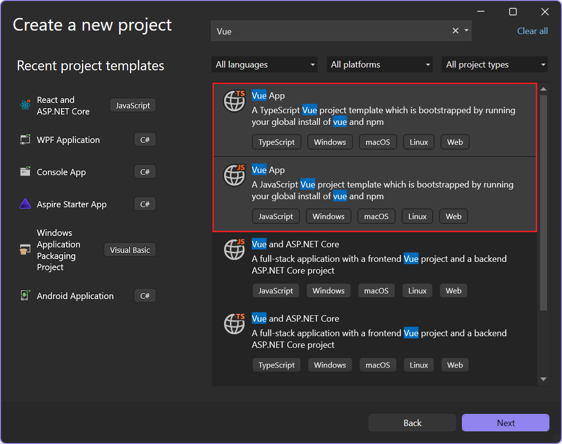 Screenshot, der zeigt, wie Sie eine Vue-Vorlage für JavaScript oder TypeScript auswählen.