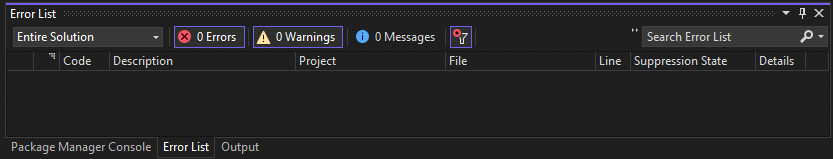 Screenshot der Fehlerliste in Visual Studio 2022.