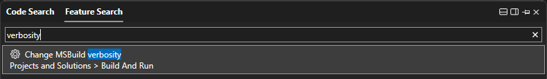 Screenshot, der zeigt, wie das Suchfeld in Visual Studio verwendet wird.