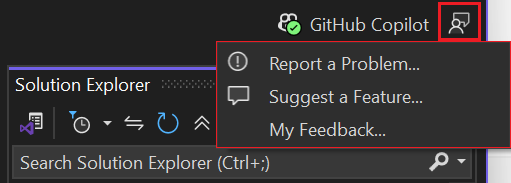 Screenshot, der zeigt, wie Sie in Visual Studio auf das Menü „Feedback senden“ zugreifen können.