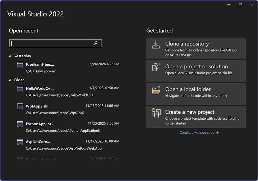 Screenshot des Startfensters, wenn Visual Studio 2022 geöffnet wird.
