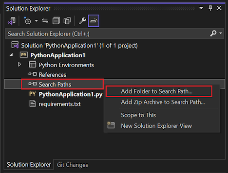 Screenshot, der zeigt, wie Sie den Befehl Ordner zum Suchpfad hinzufügen unter Suchpfade für ein Python-Projekt im Projektmappen-Explorer aufrufen.