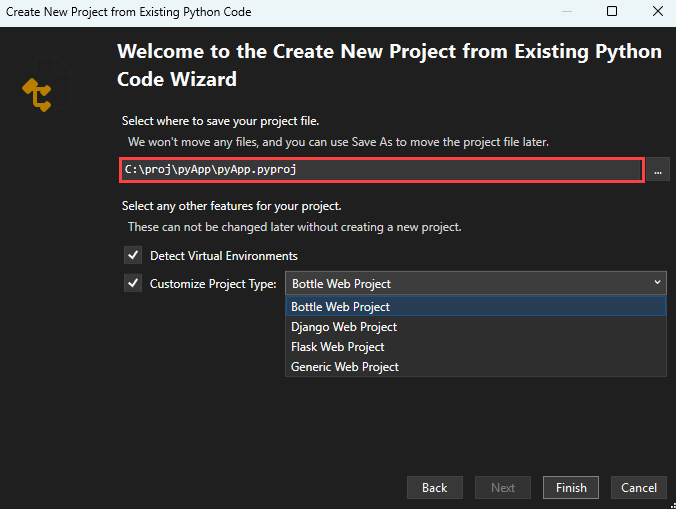 Screenshot des Fensters „Neues Projekt aus vorhandenem Code erstellen“, einschließlich des Speicherorts für die Projektdatei und weiterer optionaler Einstellungen in Visual Studio.