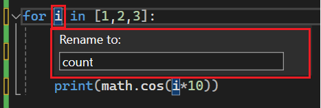 Screenshot, der zeigt, wie Sie einen anderen Namen für einen Bezeichner in Visual Studio 2022 angeben.