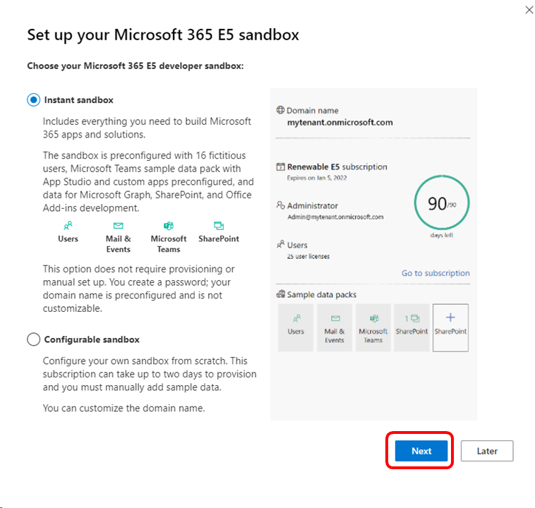 Microsoft 365-Entwickler-Sandkastenauswahl