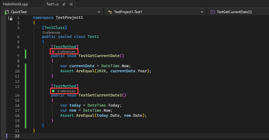 Screenshot der C++-CodeLens-Symbole in Visual Studio.