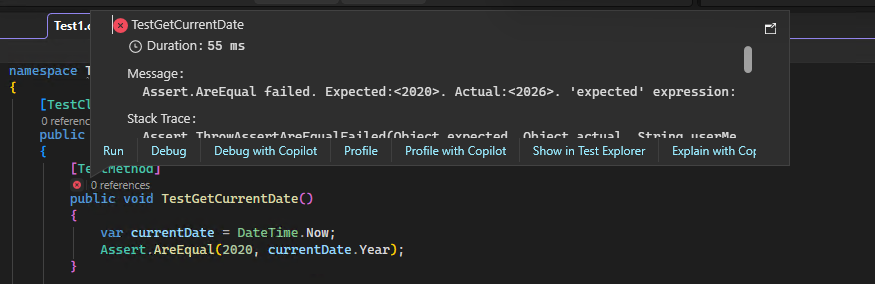 Screenshot zeigt das C++-CodeLens-Symbol, nachdem Sie es für Details in Visual Studio ausgewählt haben.