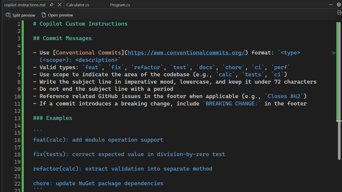 Screenshot, der eine Copilot-Anweisungsdatei mit Regeln für Commit-Nachrichten zeigt.