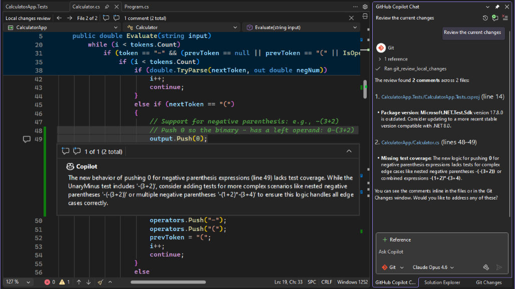 Screenshot eines Inlinecodeüberprüfungskommentars vom Git-Agent im Editor.