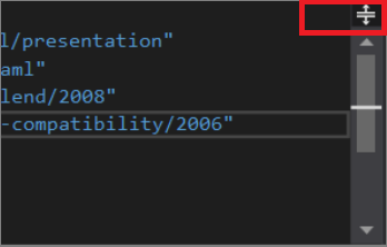Screenshot des mittleren Bereichs des XAML-Code-Editors in Visual Studio mit hervorgehobener Schaltfläche 